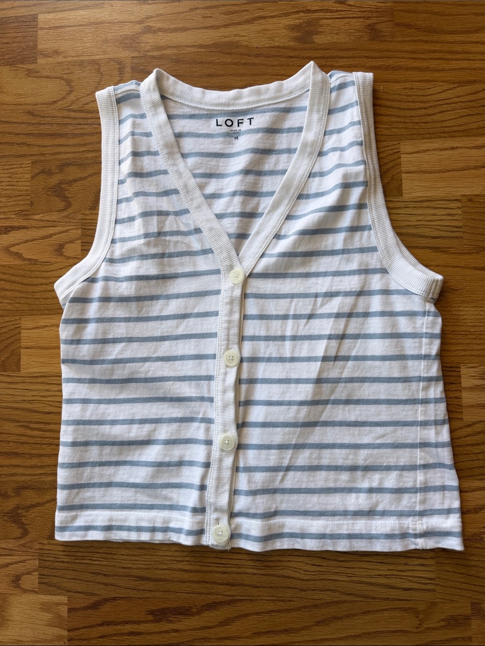 LOFT White and Light Blue Striped Button Tank